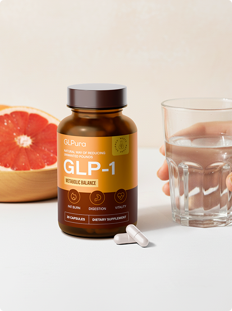 GLPura Flasche mit Grapefruit, Kapseln und einem Glas Wasser